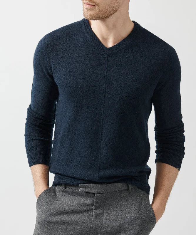 Men's Sweaters with Belt LoopsRecycled Cashmere Exposed Seam V-Neck Sweater - Midnight