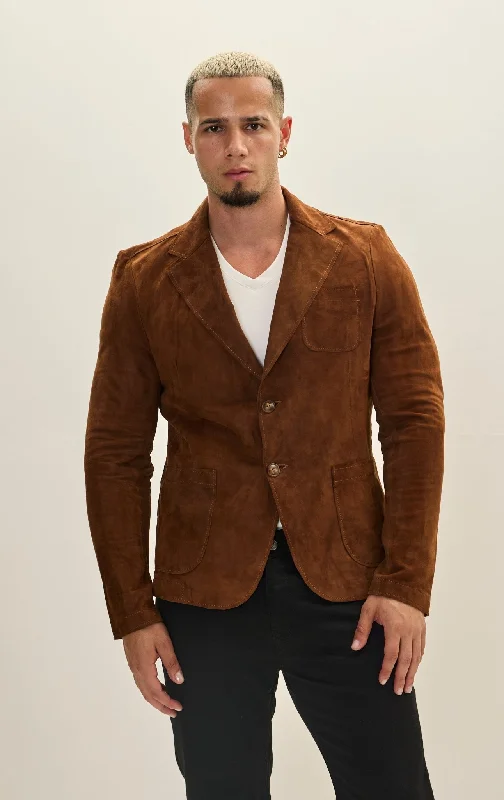 Men's Coats with Adjustable HemsClassic Two-Button Suede Leather Blazer - Brown