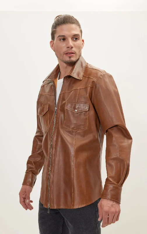 Fashionable Men's Denim JacketsGenuine Leather Shirt With Zipper Closure - Brown