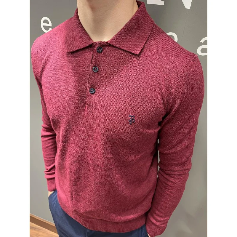 Men's Sweaters with Button-Up CollarsTom Penn Long Sleeve Polo Knit - Burgundy